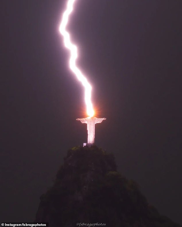 A 125 foot tall Christ the Redeemer statue in Brazil was struck by a massive bolt of lightning