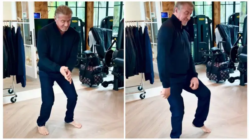To a Smokey Robinson classic, Sylvester Stallone was caught off guard while dancing barefoot