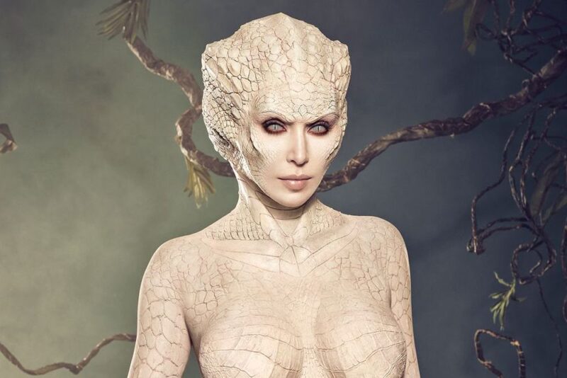 Kim Kardashian is unrecognizable in skin-tight albino alligator Halloween costume